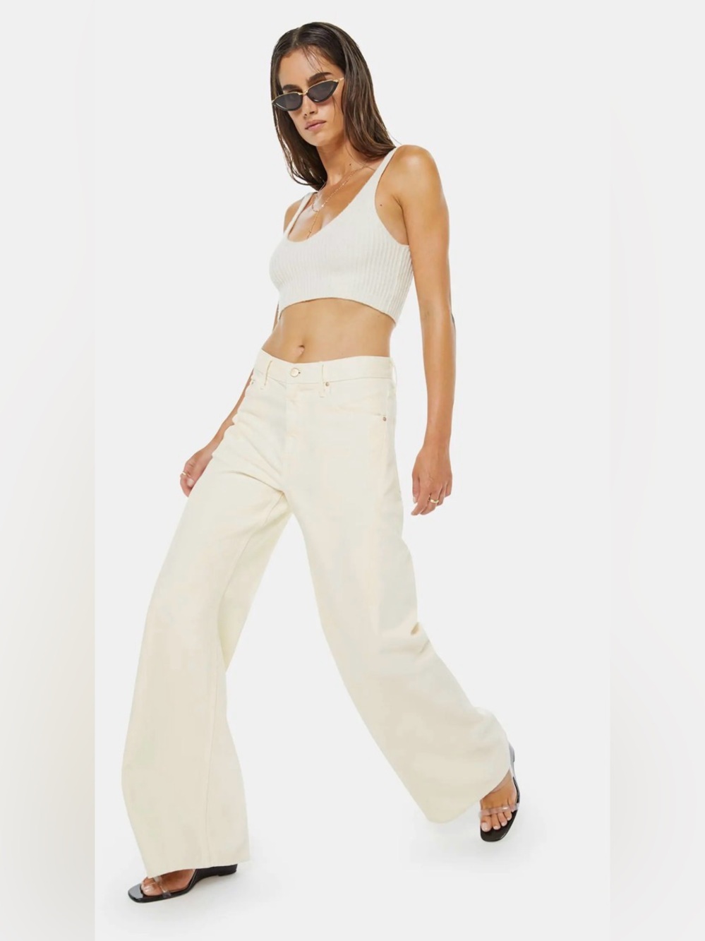 MOTHER The Hustler Roller Heel In Act Wide Leg Jeans in Cream Waist 28